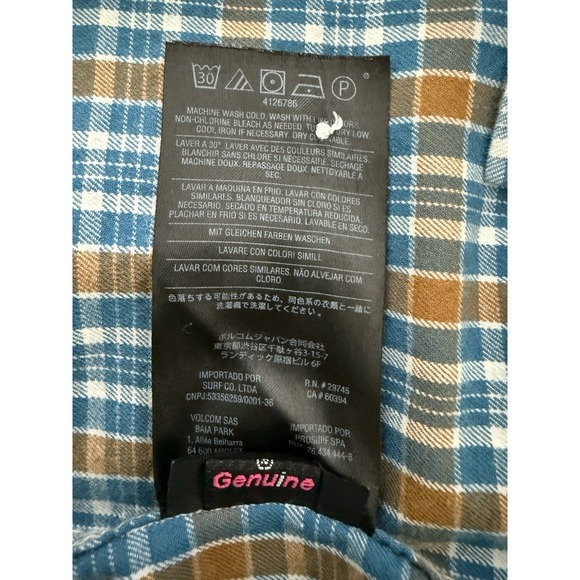 Men's Volcom Plaid Flannel Long Sleeve Shirt Size Medium Blue Gold Fall Hike EUC - Picture 7 of 8